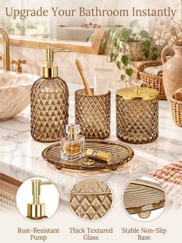 Haturi Glass Bathroom Accessories Set, Amber Brown Bathroom Set, 4 Pcs - Image 3