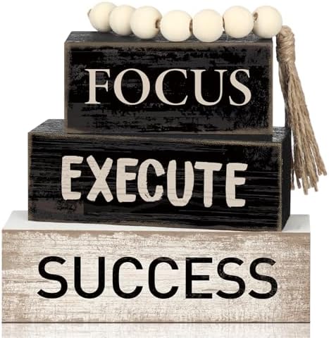 Yuntau 4 Pcs Motivational Desk Decor Wood Block Signs Focus Execute Success by Yuntau