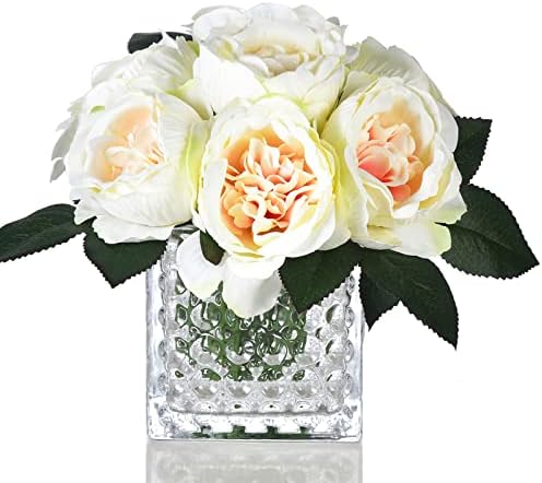 Artificial Peony Silk Flower Centerpieces Faux Floral Arrangement in Glass Vase for Home Wedding Table Decoration (Champagne) by GreenHouzz