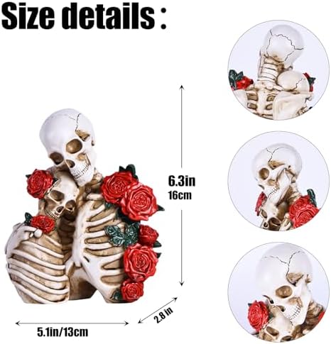 Halloween Skeleton Decor, Gothic Skeleton Couple Resin Statue with Roses - Image 2