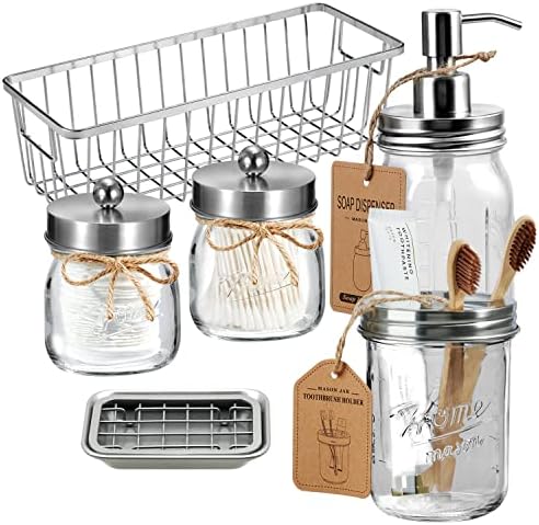 SheeChung Mason Jar Bathroom Accessories Set, Rustic, 6Pcs, Brushed Nickel by SheeChung