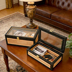Black Rattan Decorative Wood Storage Boxes with Glass Lids Set of 2 - Image 7