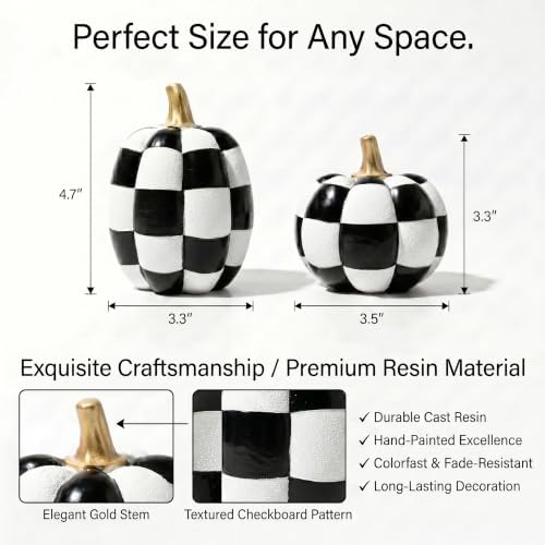 Black and White Checkered Pumpkins with Gold Stem for Halloween Decor - Image 2