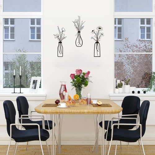 3 Pieces Metal Vase Flowers Wall Arts - Rustic Farmhouse Style Décor Metal Wall Art Black Minimalist Flower Natural Themed Wall Decors for Home Bedroom Dining Room Housewarming (Brown-Blue, Vase-C) - Image 3