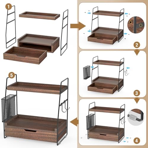 2-Tier Bathroom Counter Organizer with Drawer, Wood Counter Storage Shelf - Image 5