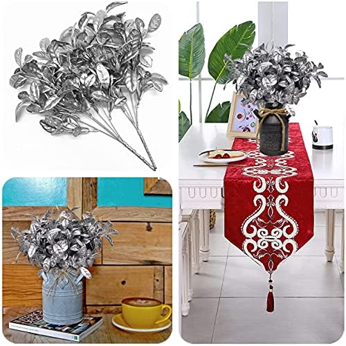 CATTREE Artificial Silver Leaves Christmas Plants 4 Pack, Plastic Leaf Bouquet Faux Gold Plant Fake Shrubs Simulation Bushes for Wedding Hall Table Centerpieces Floral Arrangement Filler DIY Décor - Image 5