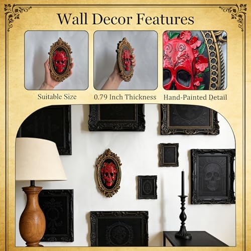 KISWIAR Resin Gothic Skull Wall Sculpture with Floral Frame, Vintage Skull Wall Decor for Living Room Hallway Bedroom Bar, Gothic Art Home Decoration - Image 3