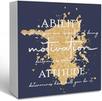 Blue and Gold Office Inspirational Wooden Box Sign Desk Decor, Ability Motivation Attitude Decorative Signs for Office Living Room，Inspirational Home Shelf Desk Decor 5x5 Inch by HFXHANGD