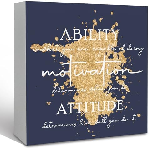 Blue and Gold Office Inspirational Wooden Box Sign Desk Decor, Ability Motivation Attitude Decorative Signs for Office Living Room，Inspirational Home Shelf Desk Decor 5x5 Inch by HFXHANGD