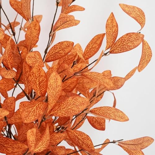 Uieke 18 Pcs Artificial Fall Eucalyptus Stems with Fall Leaves, Orange - Image 2
