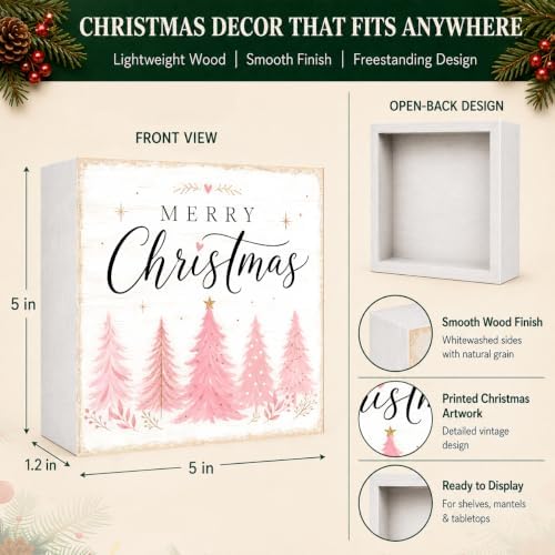 Christmas Decorations Pink Pine Tree Merry Christmas Wood Box Sign - Image 4
