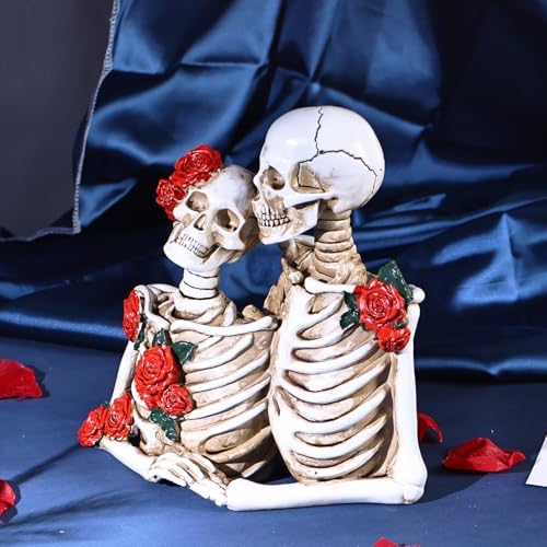 Halloween Skeleton Decor, Gothic Skeleton Couple Resin Statue with Roses - Image 5
