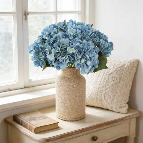 Kimura's Cabin 6pcs Hydrangea Artificial Flowers Silk Faux Hydrangeas,Blue - Image 5