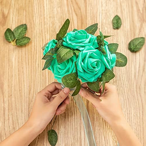 Artificial Flower Foam Rose 25pcs Real Looking Fake Rose with Stems Leaves for Home Decoration Party Garden Centerpieces DIY Wedding Bouquets（Tiffany） - Image 5