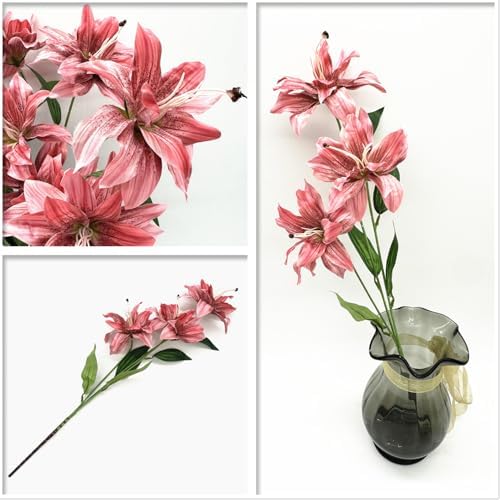 Artifical Lily Flowers Full Bloom Silk Flower Long Stems 4 Pack, Fake Stargazer Lilies Bundles Faux Tiger Lily Floral Plant for Wedding Bouquet Home Hotel Office Vase Arrangement Party Decor - Pink - Image 4