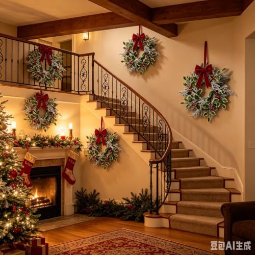 6 Pack Mini Christmas Hanging Wreaths Small Artificial Frosted Pine Cedar Wreaths with Red Berries Variegated Holly Leaves Faux Snowy Evergreen Wreath for Cabinets Front Door Window Porch Xmas Holiday - Image 2