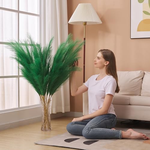 7 Pcs 45" Faux Pampas Grass – Fluffy Artificial Pompous Grass for Tall Floor Vase, Non-Shedding Home Decor, Boho Wedding Flowers, Baby Shower Centerpieces, Bedroom & Living Room Decor (Green) - Image 6