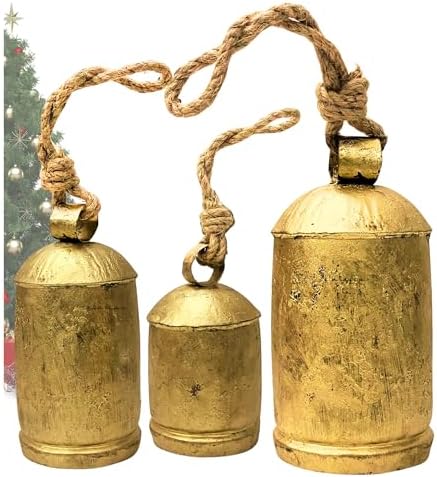 Decorative Cow Bells Set of 3 Large Harmony Bells - Vintage Giant Christmas Bells, Country Rustic Cowbell on Jute Rope XL Hanging Lucky Golden Bells (4"-6"-8") by aladean
