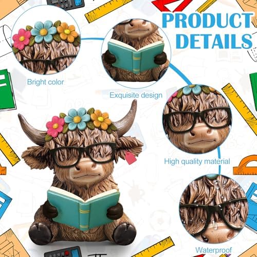Wesiti 2 Highland Cow Figurines with Glasses Books, Resin Reading Desk - Image 4