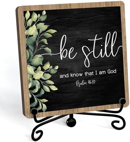 Inspirational Christian Desk Decor, Be Still And Know That I Am God Sign, Desk Decorations For Office Home Living Room Bathroom, Eucalyptus Shelf Decor, Wooden Plaque With Stand (02) by JUSITAKEET