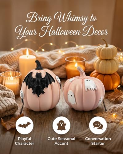 GoGnome Halloween Decorations Pumpkin Figurines Set of 2, Cute Resin Shelf Mantel Tiered Tray Decor with Bat and Ghost Designs (Pink Pumpkins) - Image 6