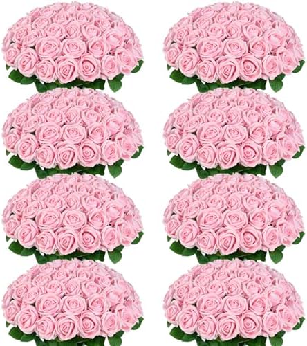 200Pcs Pink Roses Artificial Flowers Real Touch Velvet Fake Roses Bouquet by BLEUMCADE