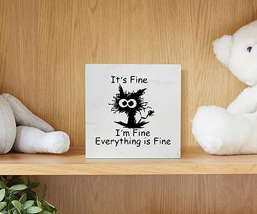 EIONEY Funny Office Desk Decor Sign,Funny Coworker Gift for Women Men,Cute Black Cat Decor for Home Office Table Shelf Wall,It's Fine I'm Fine Everything is Fine Wood Box Sign 5x5 Inch - Image 4
