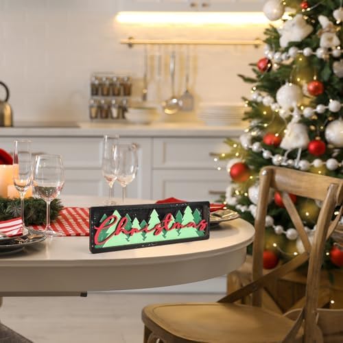 Vintage Christmas Decorations for Office, Home, Table, Mantel, Shelf, Desk, 3 1/2 x 11 Inch Retro Xmas Tree Sign, Wooden Christmas Decor Sign, Farmhouse Red and Green Decoration (Trees) - Image 4