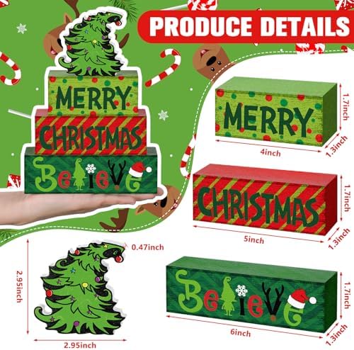 Marsui 4 Pcs Merry Christmas Table Decor Wooden Lime Green Red Block Sign - Image 4