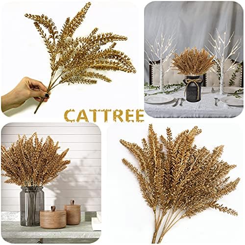 CATTREE Christmas Artificial Golden Plants, Plastic Grass Faux Shrubs Fake Lavender Leaves Simulation Wheat Ears Bushes Home Indoor Wedding Party Decoration Hall Table Planter Filler - Gold 4 Pack - Image 5