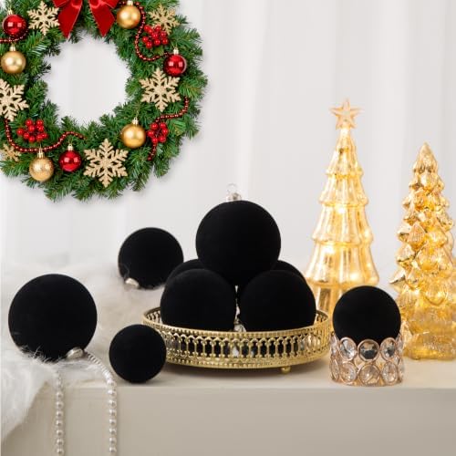 46Pcs Velvet Christmas Ball Ornaments Set - Flocked Shatterproof Christmas Tree Decorations Classic Hanging Ornaments with Rope for Xmas Wreath Holiday Home Decor (Multi-Size, Black) - Image 4