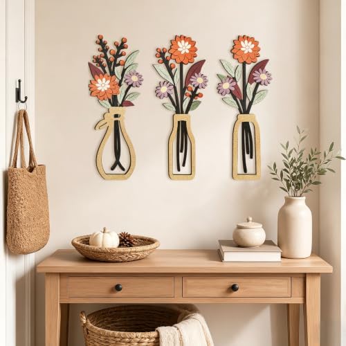 puthiac Wooden Floral Vase Wall Art Decor Set of 3, Harvest Dahlia - Image 2
