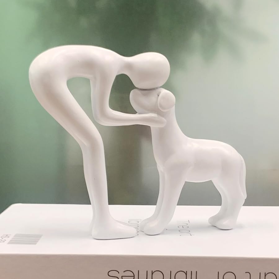 White Human and Dog Statue Decoration, Cute Pet Sculpture Home Decor Tabletop Ornament Office Living Room Bedroom Home, for Dog Lovers Friends Family Decoration by OGVOGV