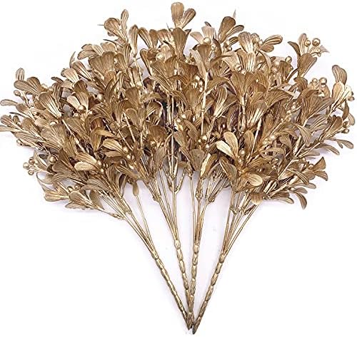 Artificial Flowers Christmas Decor, Golden Leaves Branches Plants Fake Berry Grass for Wedding Bridal Bouquet Party Indoor DIY Home Office Table Centerpieces Arrangements Decoration - Gold 4 Pack - Image 3
