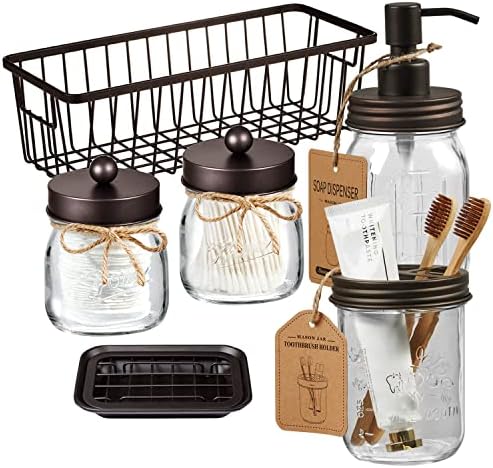 SheeChung Mason Jar Bathroom Accessories Set,6Pcs Rustic Bathroom Set,Brown by SheeChung