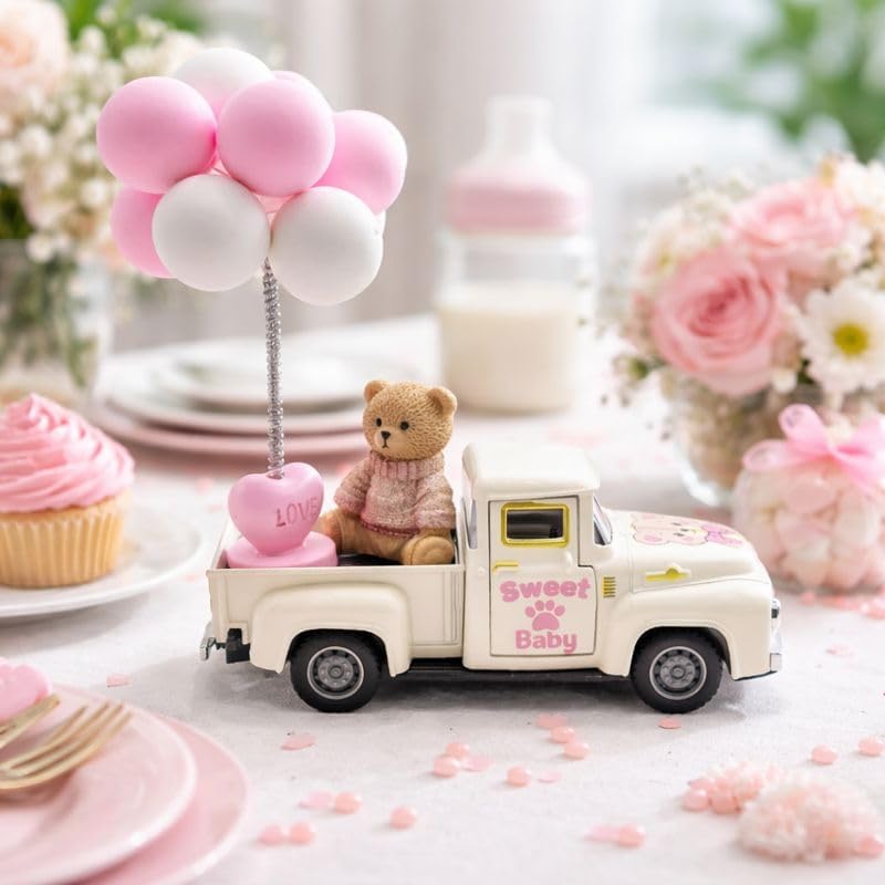 Mini Vintage Metal Truck Decor with Bear and Pink Balloons, 5.7 Inch Farmhouse Pickup Tabletop Decoration, Sweet Birthday Gift for Her, Daughter or Granddaughter, Nursery Shelf Desk and Room Decor - Image 2