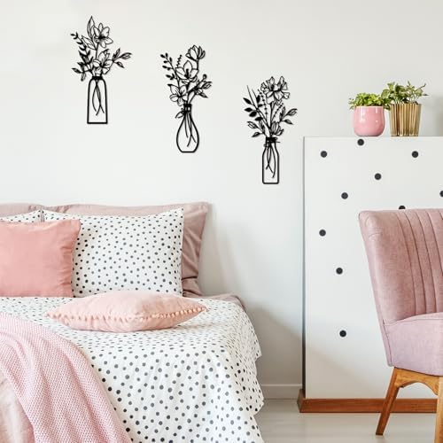 ARTINME 3 Pieces Metal Flowers Wall Arts - Rustic Farmhouse Decor Minimalist Flower Wall Decors for Living room Bathroom Kitchen Bedroom Dining Room - Housewarming Gifts (Black) - Image 7