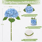 3 Pcs Real Touch Hydrangea Artificial Flowers, 21" Latex Fake Flowers, Blue - Image 6
