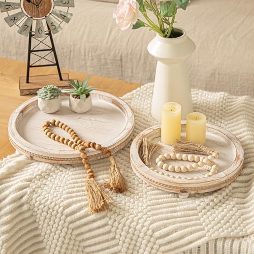 2 Piece Whitewashed Wooden Serving Tray Set with Beaded Design, Farmhouse Centerpiece Table Decorations, Round Coffee Table Tray for Living Room Home Decor, Ottoman Tray Decor for Rustic Styles - Image 2