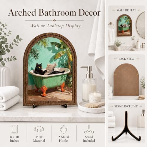 Bathroom Decor Black Cat Tabletop Sign, Wood Frame Sign, Tropical Bath Shelf Decor with Arched Wooden Frame, Funny Cat Bathtub Artwork, Charming Gift for Home and Guest Bathroom - Image 4