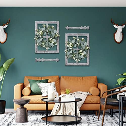 WAKOSAN Rustic Wood Window Frame Wall Decor with Wreath & Arrows, Set of 2 - Image 5