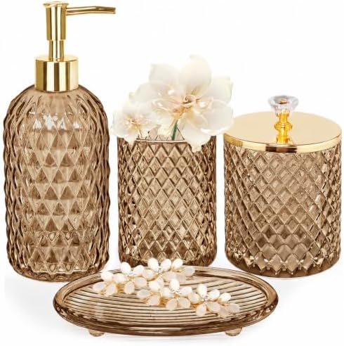 Haturi Glass Bathroom Accessories Set, Amber Brown Bathroom Set, 4 Pcs by Haturi