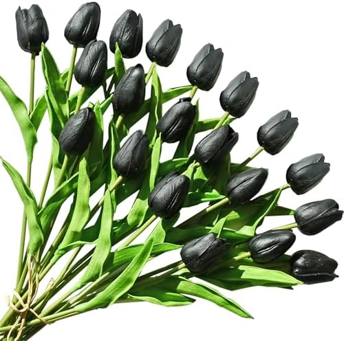 ONLY ART Artificial Black Tulips 20 Pcs – 13.5 Inch PU Faux Flowers with Bendable Stems for Home Décor, Wedding Centerpieces, DIY Floral Arrangements, New Year and Valentine's Day by ONLYART