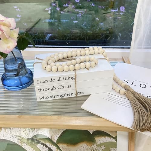 Decorative Books for Home Decor, White Faux Books for Decoration, Rustic Farmhouse Stacked Books with 52in Wood Bead Garland for Coffee Table Mantle Fireplace (I can do All Things Through Christ) - Image 2