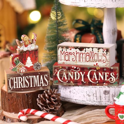 Moucuny 4 Pcs Christmas Hot Cocoa Wooden Block Set, Tiered Tray Decor - Image 4