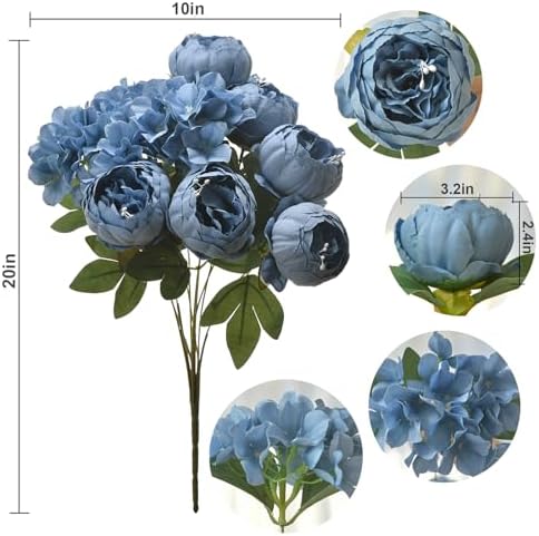 Artificial Peony Flowers 2 Bundles Peony Fake Flowers Faux Silk Peonies with Hydrangea Flower Bouquets for Wedding Home Party Decor Floral Arrangements Table Centerpieces, Dusty Blue X2 - Image 2