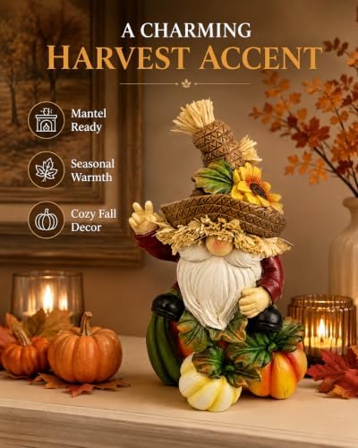 SHEHIM Fall Decor Handmade Resin Scarecrow Gnome Figurine with Pumpkins 7'' - Image 7