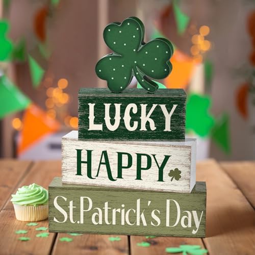 Marsui 4 Pcs St. Patrick's Day Decorations Shamrock Wooden Signs Green Irish Tabletop Centerpieces rustic Distressed Shamrock Blocks St Patricks Day Decor for Home Table Kitchen Shelf Tiered Tray - Image 6