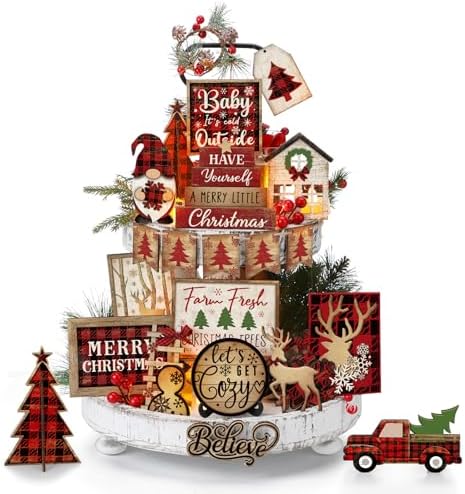 Shellwei 24 Pcs Christmas Tiered Tray Decor, Wood Rustic Buffalo Plaid by Shellwei