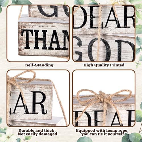 CroBlissful 4 Pcs Farmhouse Wooden Table Decor Christian Tiered Tray Decorations Rustic Religious Gift Block Sign Dear God Thank You Table Centerpiece for Home Kitchen Living Room Shelf Mantle - Image 5